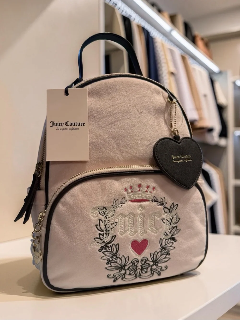 Juicy Couture Light Blush Pink Embroidered Heart Logo Velour Backpack. (P236) - Picture 1 of 12